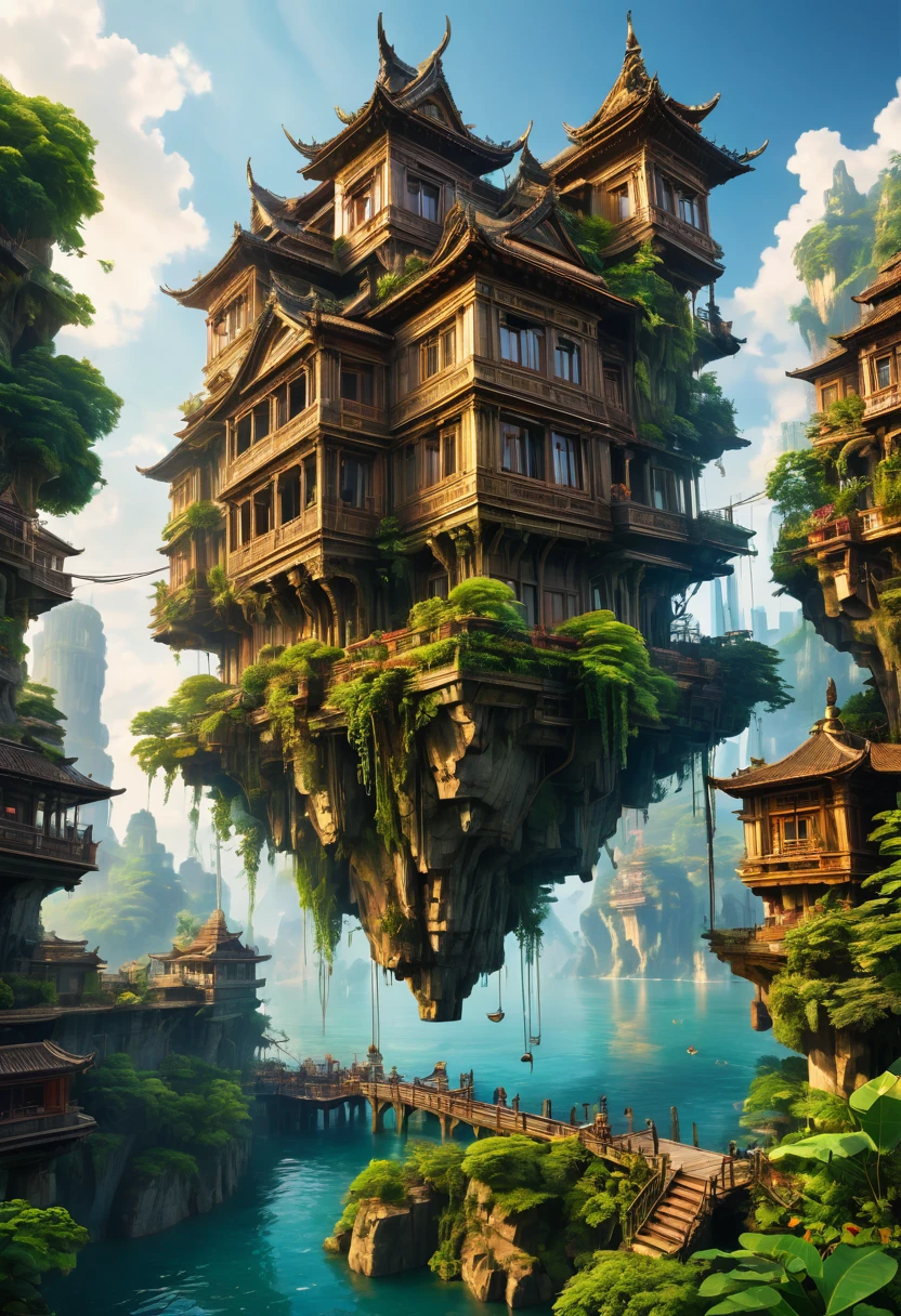 Floating building high in the air, best quality, masterpiece, very aesthetic, perfect composition, intricate details, ultra-detailed