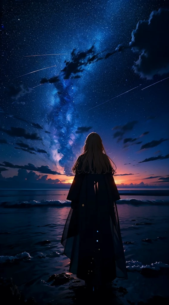 1people々々々々々々々々々々々,Blonde long-haired woman,Long coat, Dress Silhouette, Rear View,Space Sky, The boundary between sea and space,