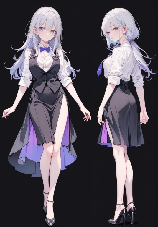 ((Perfect Face)),Purple Hair,High Layer Cut,Adult female,bartender,suit,Black vest,((A shirt with rolled up sleeves)),tie,skirt,slit,High heels,,((Simple Background)),smile,((Full Body)),((full body)),Character portrait,virtual,upright,,Both arms are down,Standing upright,