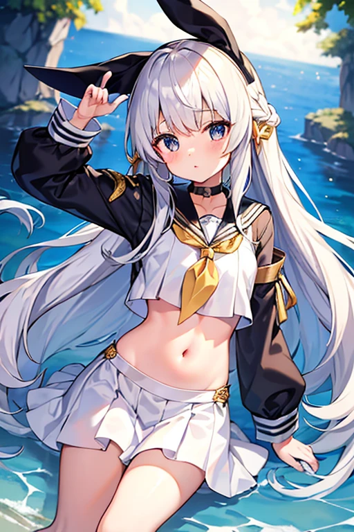 Fleet Collection　Island Breeze　Straight Hair　long hair　Cream colored hair　Bunny ribbon black　Black chest ribbon　Island Breeze服　Sailor suit white　skirt　skirt青色　短いskirt　Belly button　White gloves　Confused eyes　Eyes without highlights