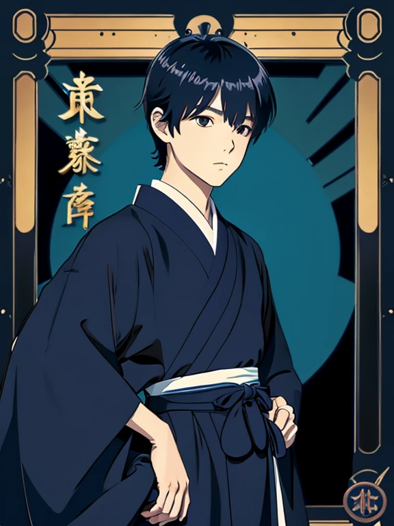 Kyudo uniform、youth、male、Short Hairstyle、Japanese style、kimono、Dark blue hair、Anime Style、Manga style