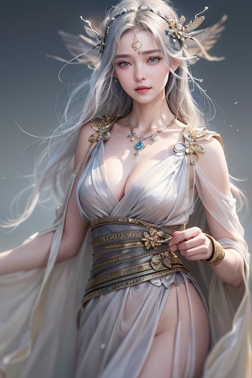 (masterpiece:1.3), (8k, Photorealistic, Raw photo, Best image quality: 1.4), Fair-skinned fairy woman、Long Haircut、Cleavage:2.0、Super detailed face、Attention to detail、double eyelid、Put your chest together、Sharp focus:1.2、Beautiful woman:1.4、Silvery white hair、highest quality、masterpiece、超A high resolution、(Photorealistic:1.4)、Highly detailed and professionally lit smile、Loose, light, Ancient Greek clothing、Shoulder out、thin、Serious expression、Short-haired、Deadly position, gorgeous accessories, one person、whole body,walking the beach