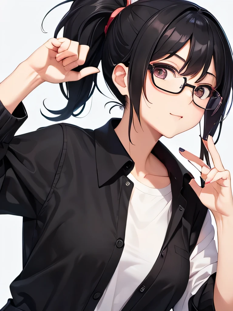 Auntie,Black Hair,ponytail,She is holding up her glasses with her left hand,I'm cleaning