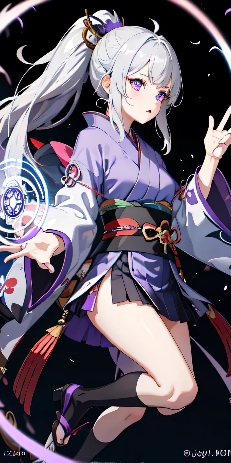 One girl, kimono, ponytail ,Gray Hair, Purple eyes, magic circle, Blue Fire, Blue Flame, wallpaper, landscape, Blood, Blood splatter, Depth of written boundary, night, Particles of light, light, Side light, Thighs, destiny \(series\), Genshin Impact, ****, Open jacket, skirt, Knee socks, cloud