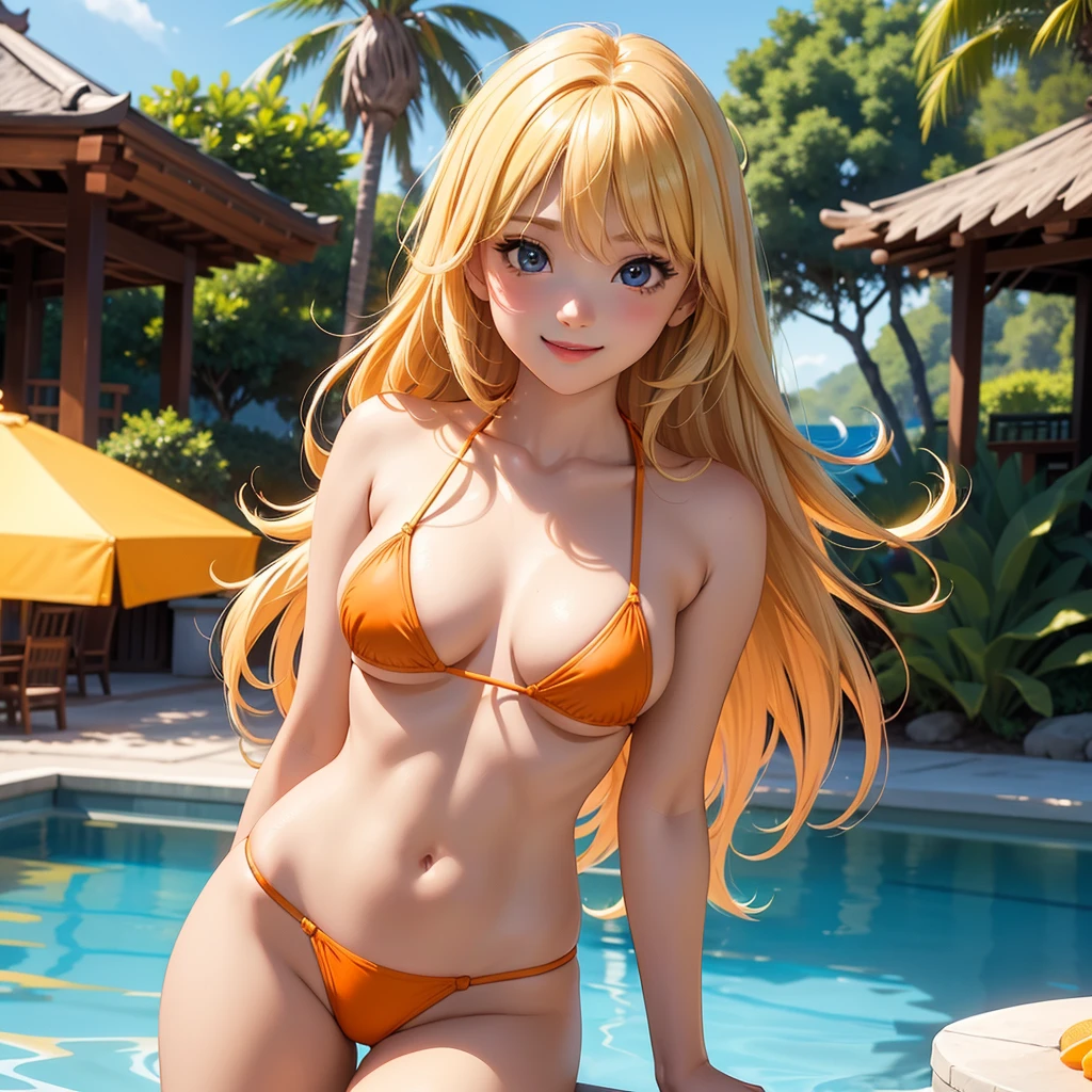 girl、(((one person)))、(((solo)))、(Orange Micro Bikini:1.3、Face Enhancement:1.3, )、、Detailed Hair、Blonde、Long Hair、Touching your hair、cowboy shot、highest quality、Super detailed、Very detailed、Detailed Background、C cup bust、smile、Resort hotels、Pool、