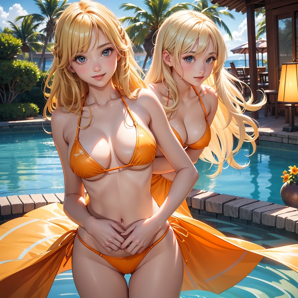 e person)))、(((solo)))、(Orange Micro Bikini:1.3、Face Enhancement:1.3, )、14 years oHair、Blonde、Long Hair、Touching your hair、cowboy shot、highest quality、Super detailed、Very detailed、Detailed Background、C cup bust、smile、Resort hotels、Pool、
