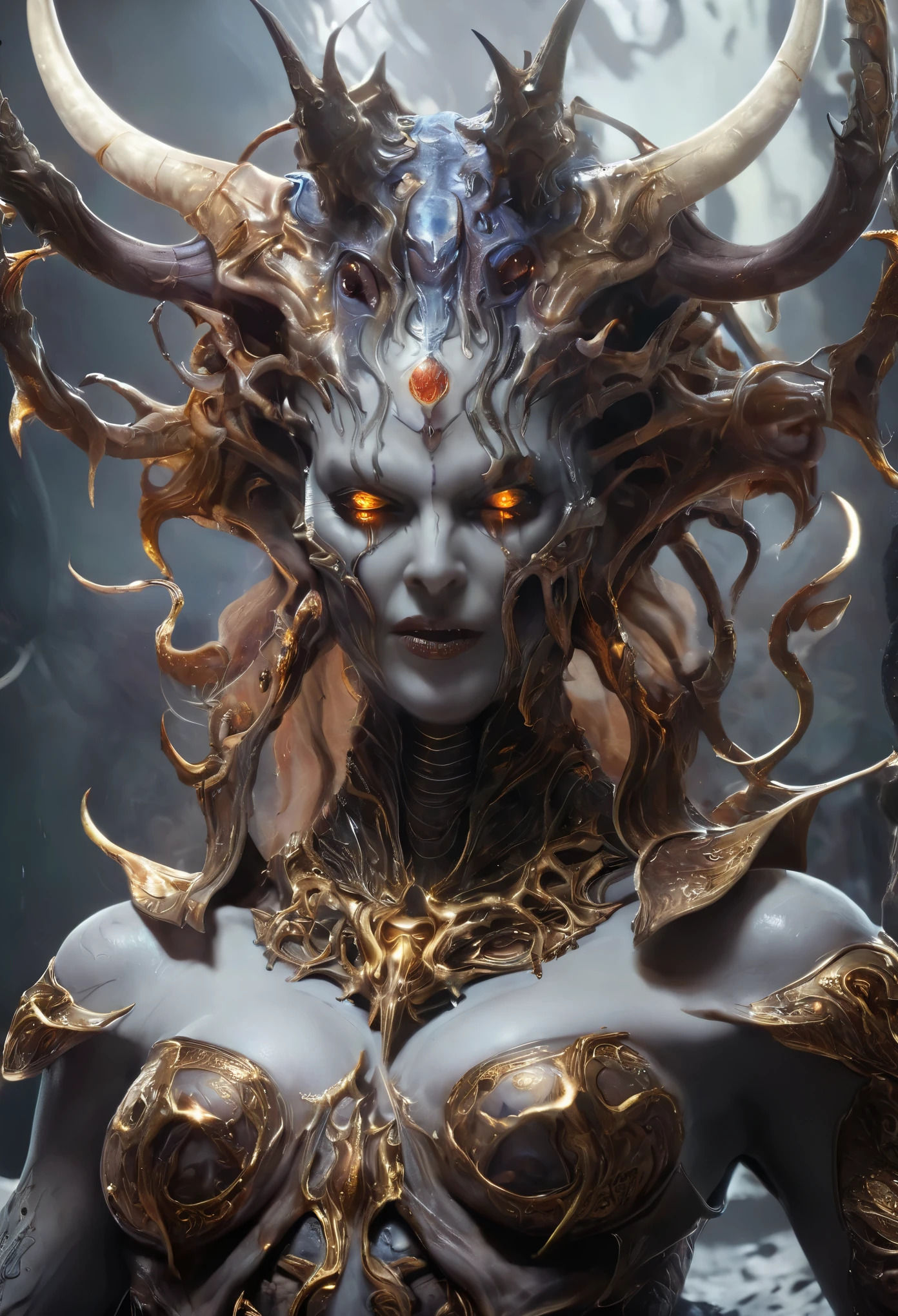 (best quality,4k,8k,highres,masterpiece:1.2),ultra-detailed,realistic,photorealistic:1.37,a close up of a female demonic creature with a large head and horns, demon queen, demonic creature, demonic parasite, demonic monster, unholy abomination, fat ripped satanic creature, eldritch abomination, known as voryn dagoth in life, lich vecna (d&d), diablo concept art, eldritch goddes, fit female demon with white horns