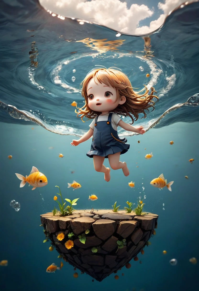 cute water Floating high in the air, wind, chibi, (masterpiece, best quality, Professional, perfect composition, very aesthetic, absurdres, ultra-detailed, intricate details:1.3), by joel robison