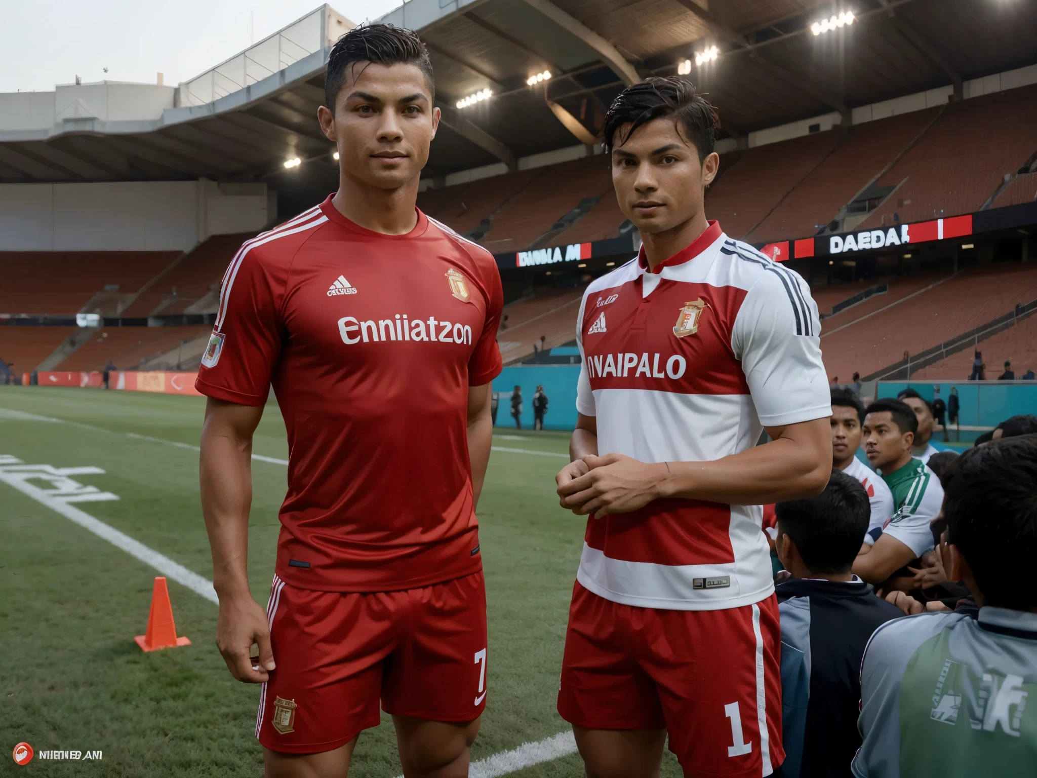 In the photo, Cristiano Ronaldo wearing the Indonesian national team jersey is pictured with a 35-year-old Indonesian man in the football stadium stands and wearing the same shirt.