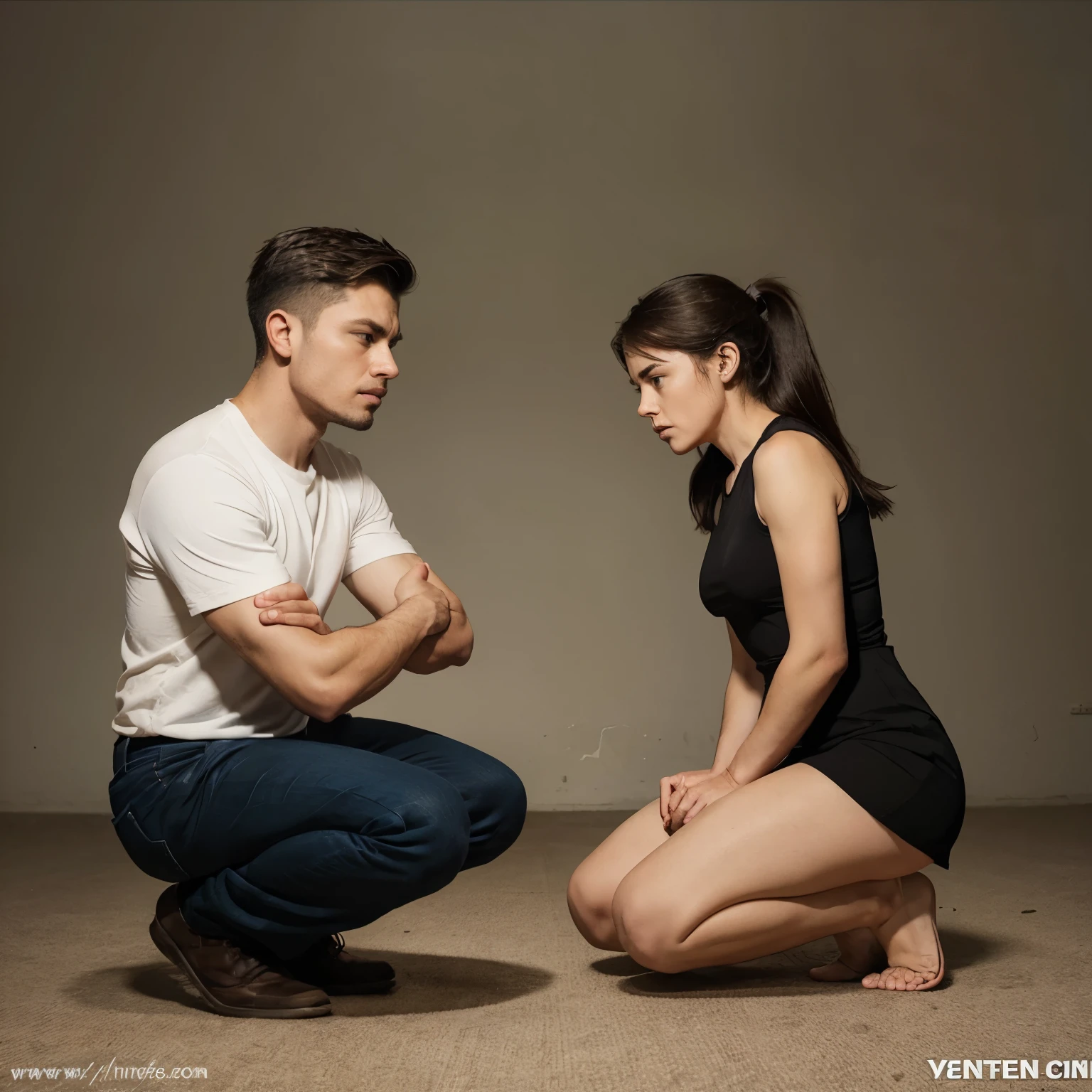 Comic cartoon of a man on his knees asking forgiveness from an angry woman with his arms crossed