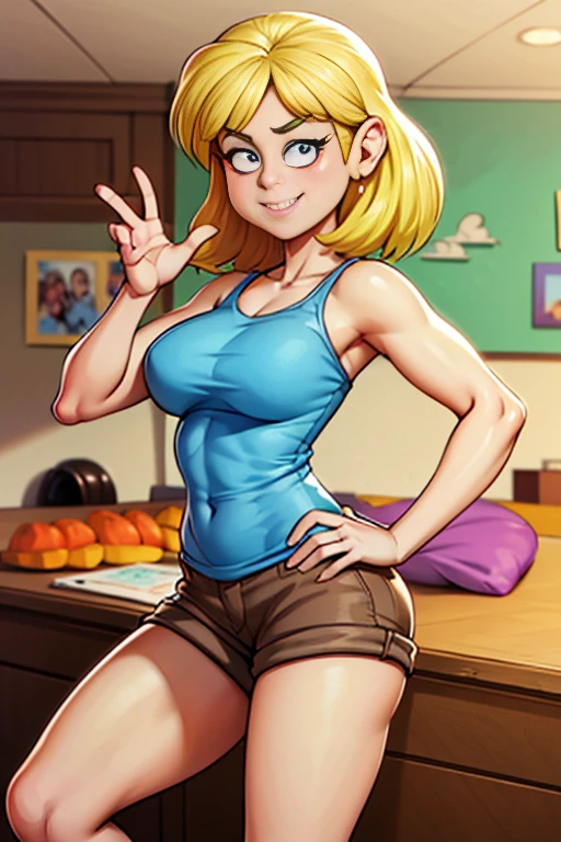 ""loriloud - blue tank top, brown shorts, posing for playboy magazine" Masterpiece, sexy cartonn, beautiful cartoon, insanely detailed and intricate, High quality, ray tracing, high coherence, deep focused image, realistic full-length photo, anatomically correct, short blond hair, sensual smile, perfect eyebrows, perfect fingers, action pose, looking at viewer, in the loud house, hypermaximalist, sensual, provocative, beautiful, exotic, revealing, appealing, attractive, erotic, hyper-realistic, super detailed, perfect, masterpiece, popular on Flickr, published on March 19, 2018” FANTASY,VAMPIRO,ELFO,TERROR,COMICS,MANHUA,MANWHA,Mango,SCIENCE FICTION,NOVEL, 