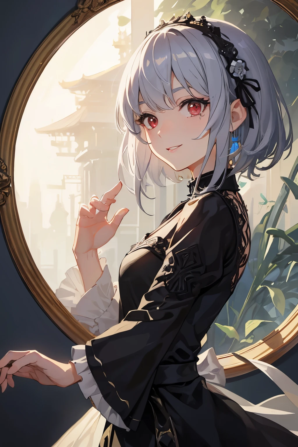 (Tabletop.highest quality).(Dynamic Angle). (Incredibly detailed CG paintings),(Perfect Image)、Solo Girl、Animating、Japanese anime、Comic Strip.figure.One Girl.Detailed face、Perfect Face.Delicate face、(繊細なgirl in a black dress)、Textured skin、(Gray Hair:1.3)、short hair、((Beautiful red eyes)).Delicate and beautiful eyes、The eyes are detailed、Reflected Eyes、Watery eye、smile.(Staring at the audience:1.3).(Face is a little red:0.8)、8k wallpaper、Cowboy Shot、reflected light、Highest detail、Complex、Delicate background、Textured skin、Detailed skin、(Ultra-high resolution)、girl in a black dress、Solo Girl