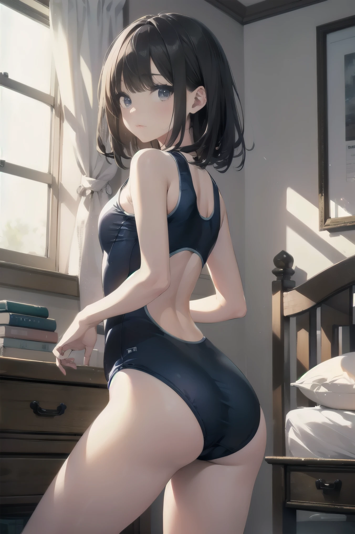 High quality、highest quality、Complete limbs、Ultra high definition、Full Finger、Slender beauty、School swimsuit、Lovely room、Back Angle