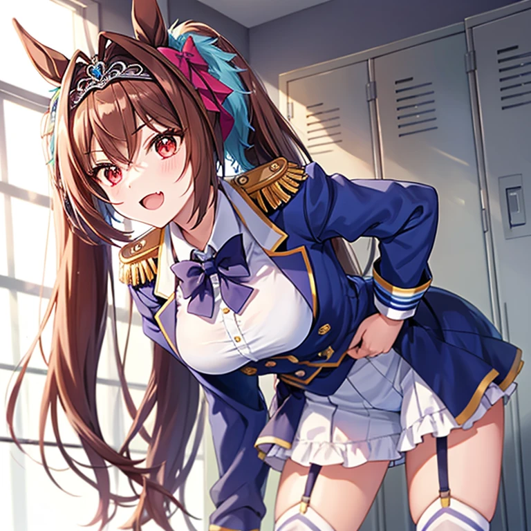 (masterpeace, high quality), 1girl, solo, daiwa scarlet (umamusume), horse ears, twintails, tiara, horse tail, long hair, brown hair, epaulettes, garter straps, long sleeves, breasts, fang, red eyes, bowtie, bangs, blue jacket, white thighhighs, white shirt, white skirt, hair bow, school locker room, (Low-rise panties), white t-shirt, bottom, from behind, lean forward, bend over, (take off panties), (lower cleavege). low angle, soft light, bright