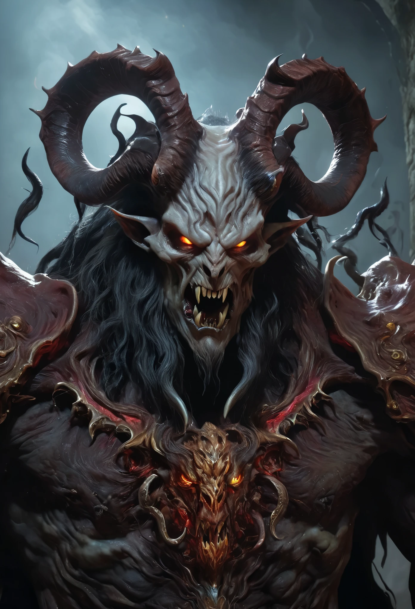 (best quality,4k,8k,highres,masterpiece:1.2),ultra-detailed,realistic,photorealistic:1.37,a close up of a female demonic creature with a large head and horns, demon lord, demonic creature, demonic parasite, demonic monster, unholy abomination, fat ripped satanic creature, eldritch abomination, known as voryn dagoth in life, lich vecna (d&d), diablo concept art, eldritch god, fit male demon with white horns