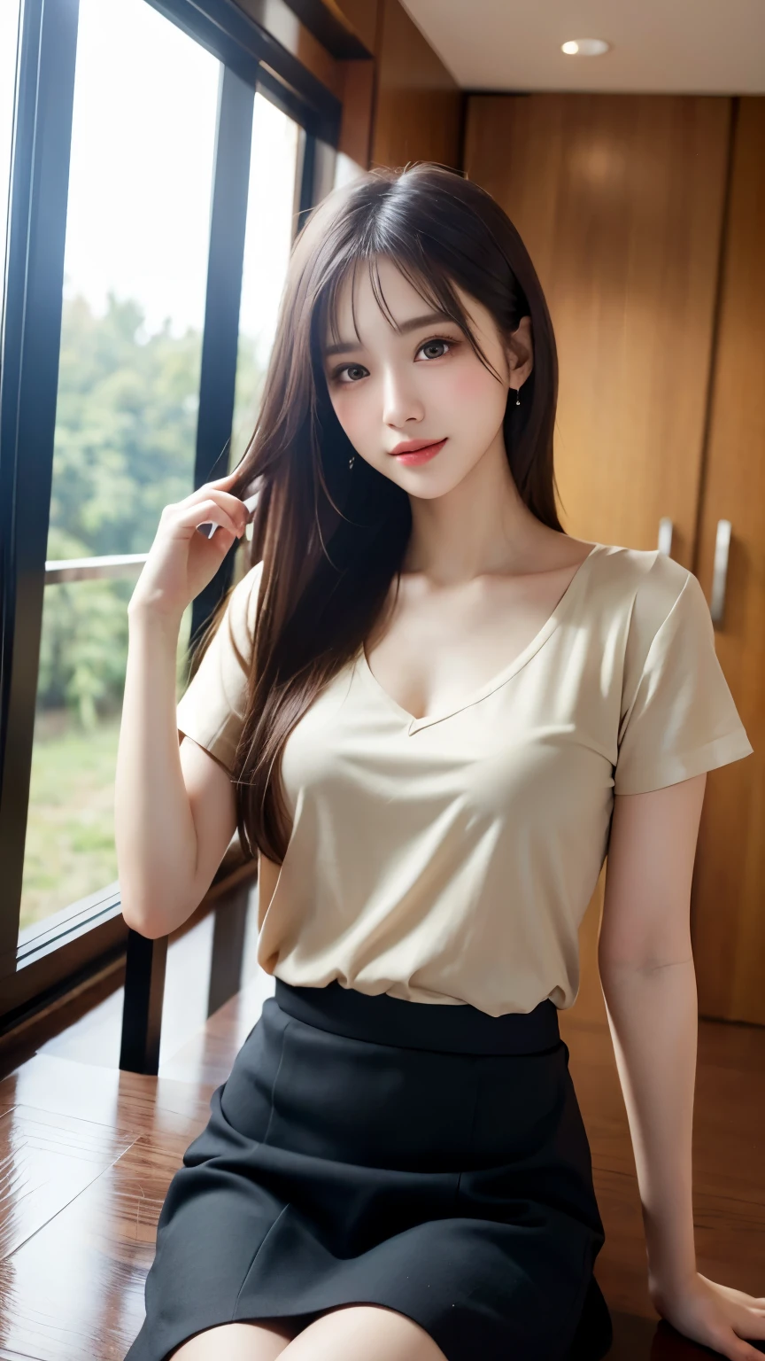 One beautiful girl, Very beautiful detailed face, Laugh shyly, Symmetrical black eyes),  Hime cut hair, (Beautiful Face:1.2), high quality, Realistic, Very detailed CG unified 8k wallpapers, Very detailed, High resolutionのRAWカラー写真, Professional photography, Realistic portrait, Cinematic Light, Beautiful details, Super Detail, Attention to detail,  Depth of written boundary, Full Body Shot、random sexy posedium hair、Semi-long hair、Thighs Thighs Thighs Thighs、Beautiful feet、barefoot、 Very beautiful detailed face, Laugh shyly、(Skirt fluttering in the wind:1.3),I can see the valley、KPOP idol faces,(最high quality, 4K, 8k, High resolution, Tabletop:1.2), Very detailed, (Realistic, Realistic, Photorealistic:1.37), (Beautiful details eyes, Beautiful details lips, Very detailed目と顔),  Physically Based Rendering, Vibrant colors, (big , Super huge , 超超big, Attractive body), (Knitted dress),(Long black straight hair, Shiny Hair, Shiny skin), Cafe、Inside the room