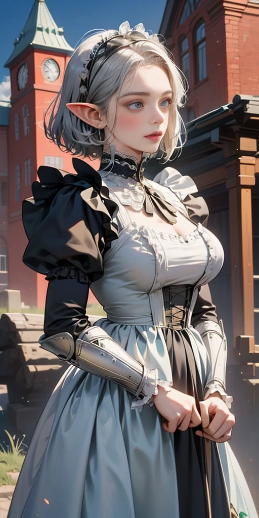 Elf girl medieval knight, standing, green hill with a clear sky. Detailed elf face, big breasts, short hair, silver hair, deep blue eyes. Wearing black Victorian maid armor, full silver armor, intricate armored. Cinematic lighting, masterpiece. by Yusuke Murata