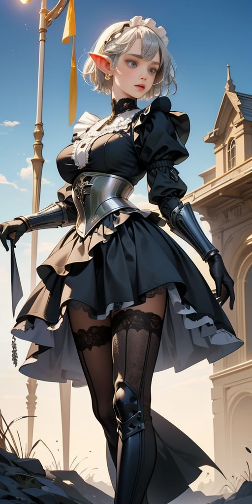 Elf girl medieval knight, standing, green hill with a clear sky. Detailed elf face, big breasts, short hair, silver hair, deep blue eyes. Wearing black Victorian maid armor, full silver armor, intricate armored. Cinematic lighting, masterpiece. by Yusuke Murata