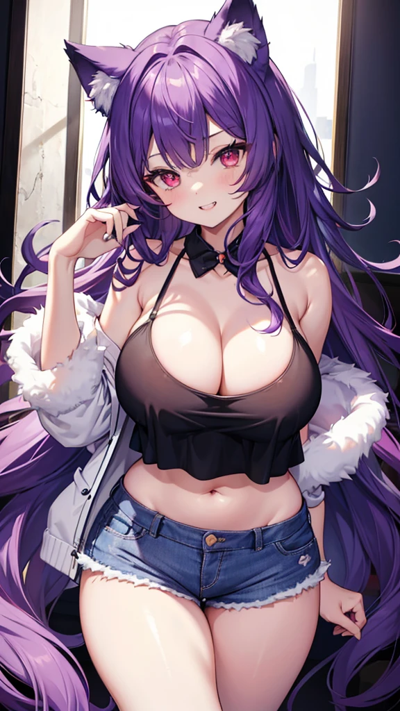 Wolf Girl, Large Breasts, Voluminous purple hair, masterpiece , Red eyes, hd, Thick thighs, Head to Chest, buried in my chest、Underboob、Double teeth、tooth、camisole、Chubby、Grinning、Shorts、