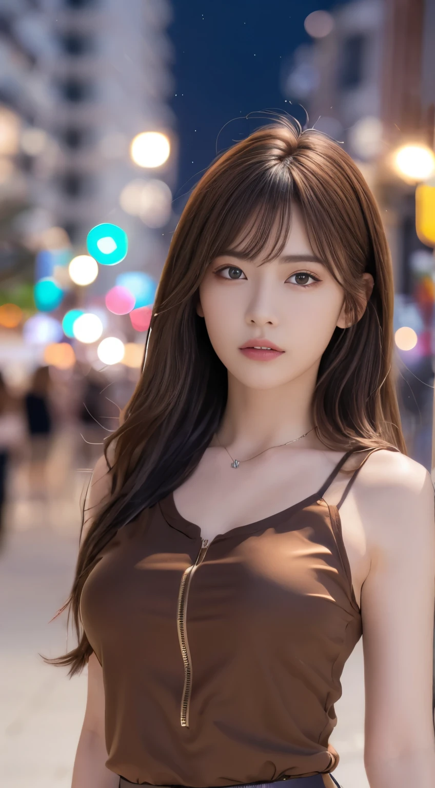 ((Realistic lighting、Best quality、8k、Masterpiece:1.3))、Be focused:1.2、1 girl、Perfect body beauty:1.4、Slim abdominal muscles:1.1、whole body、((Dark brown hair、Large Breasts:1.3))、(Acceleration:1.4)、(Fresh、night:1.1)、Waikiki Beach View、Thin face、Beautiful eyes、Double eyelids、Fashion model poses、Flowing hair、t-shirt、Pendants、
