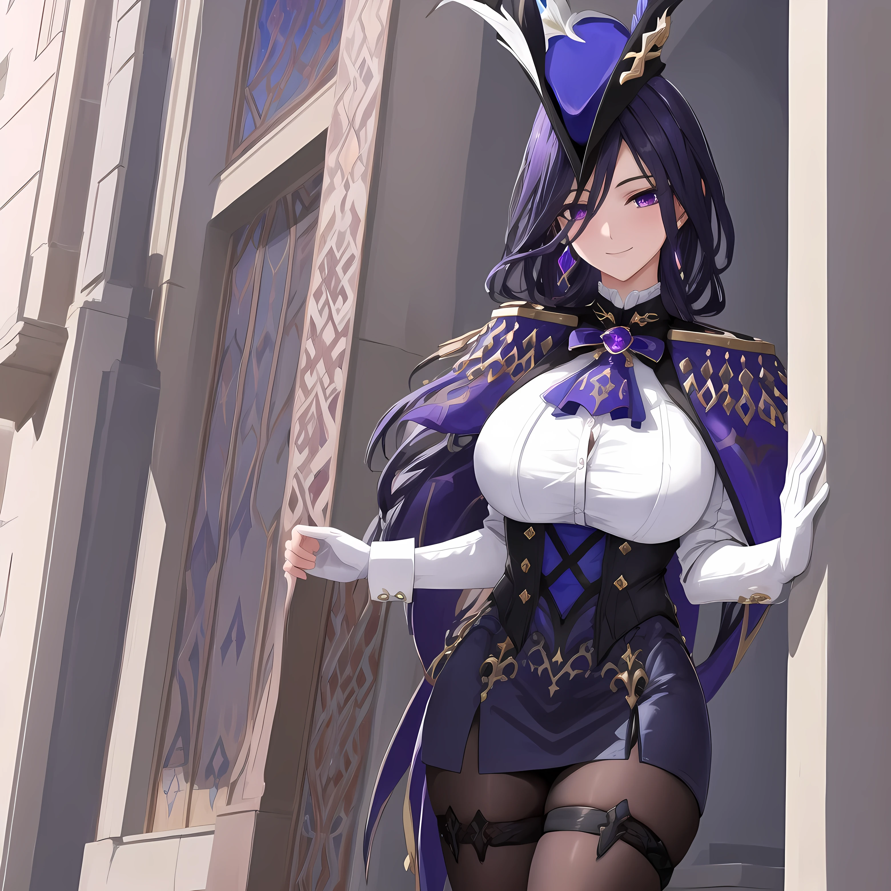 masterpiece, best quality, highly detailed, 1girl, solo, giclorinde, purple eyes, huge breasts, hair between eyes, long hair, dark blue hair, earrings, black skirt, miniskirt, pantyhose, purple ascot, purple capelet, black corset, black pantyhose, black skirt, white gloves, hat, tricorne, embarrassed, smiling