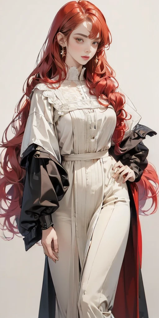 ((Plain background 1:2)) Beautiful tall lady with red hair and yellow eyes super realistic and well designed suit outfit