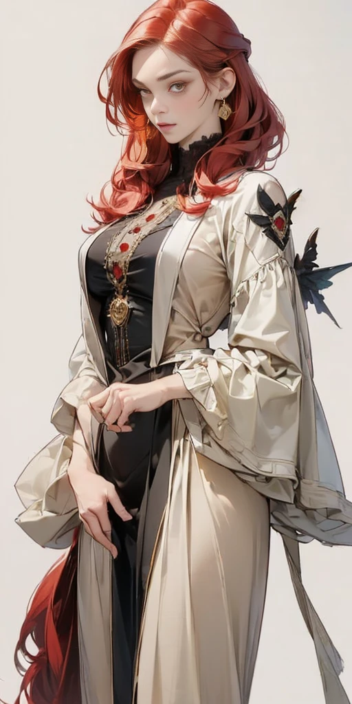 ((Plain background 1:2)) Beautiful tall lady with red hair and yellow eyes super realistic and well designed suit outfit