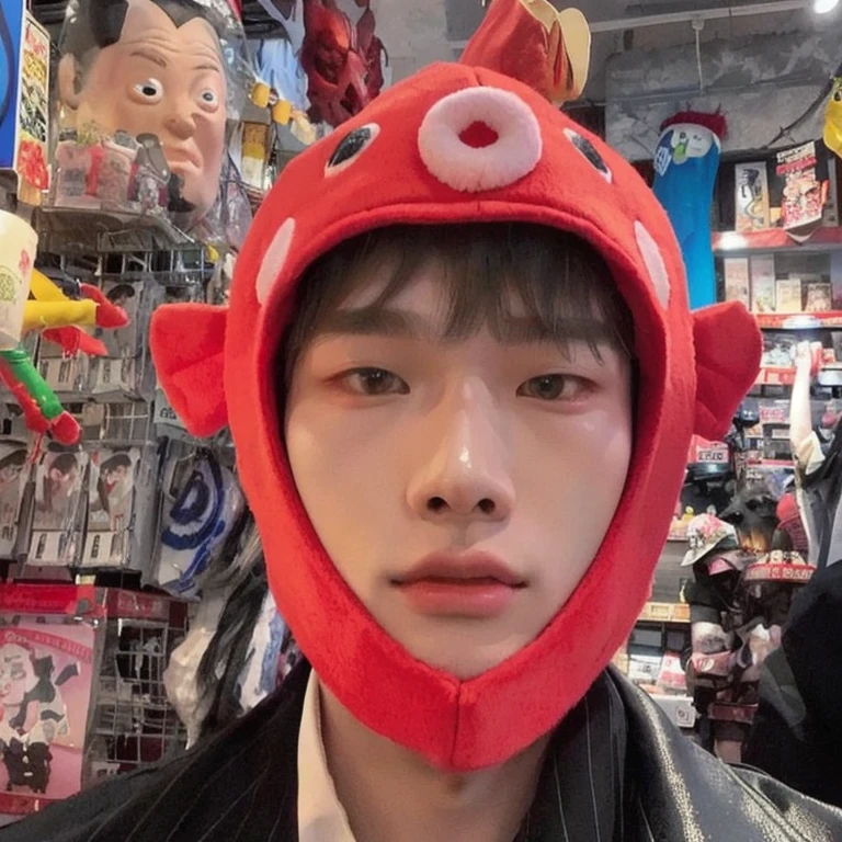 sharp man wearing a red hat with a red dragon on it, bladee da gangue de drenagem, Kim Doyoung, adorable and pale korean face, villain wearing a red oni mask, cute japanese demon boy, Jung Jaehyun, Jinyoung Shin, vestindo um pescador 🧥, Tae June Kim, Hong junho hyung, animal style head, with a strange hat, face accessories