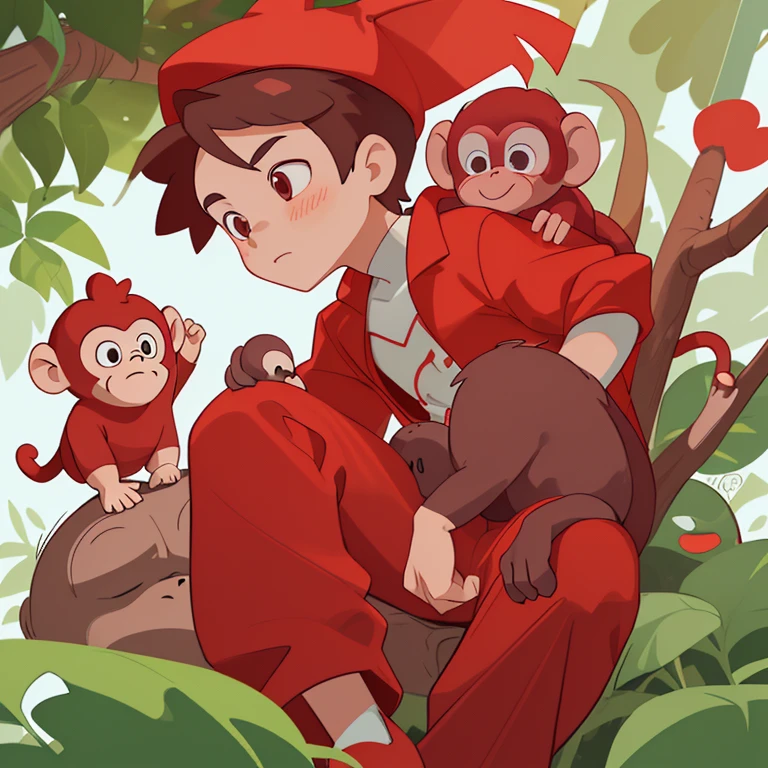 Boy in red clothes with monkey on his head