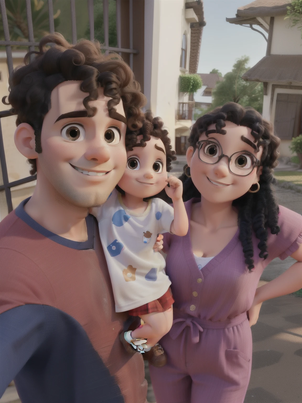 Um homem de cabelo cacheado, a baby and a woman with curly hair, in front of a house looking at camera and smiling
