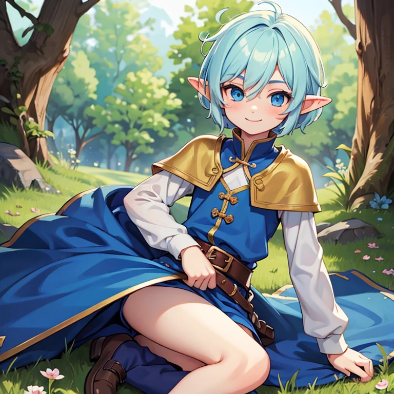 Beautiful, high quality, an elf boy around 15 years old, twink body, blue eyes, cute face, short messy jade hair, looking at the camera, smiling, wearing a medieval style clothes.