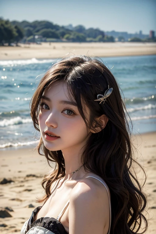 masterpiece、8K、32K、top-quality、(A detailed eye)、(A cute Japanese woman、bangss)、18years old、1 girl in、elegent、(Detailed background depiction)、Cheerful, steampunk、clear、whole body、beachfront