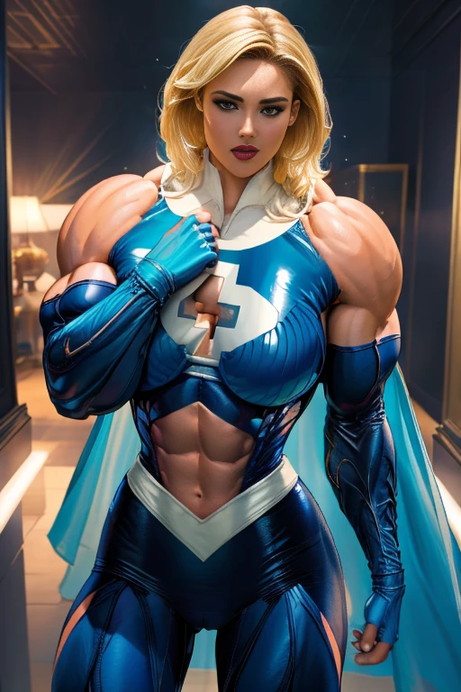 Jessica Alba, straight-on,upper-body,looking a viewer, BREAK,, yellow hair strokes,lipstick,blue eyes,makeup,lips,large breasts,,Bodysuit,,superhero,Blue bodysuit,cleavage,skin tight,,latex,glittering,center opening, , official arts,extremely detailed CG unity 8k wallpaper, perfect lighting,Colorful, Bright_front_s face_illumination,sparkly skin, (Masterpiece:1.0),(Best_Quality:1.0), extra high resolution,4k,Ultra-detailed, photografic, 8K, HDR, hight resolution, (absurdress:1.2), Kodak Portra 400, Film grain, blurred background, (bokeh:1.2), lens flare, (Vibrants_Color:1.2),professional photo of a, (Beautiful_s face:1.5), Protruding Breasts, Torpedo , Hypermuscular Body, Very muscular girl, Super Huge Biceps, ripped muscles, Blue latex, Susan Storm, naked abs