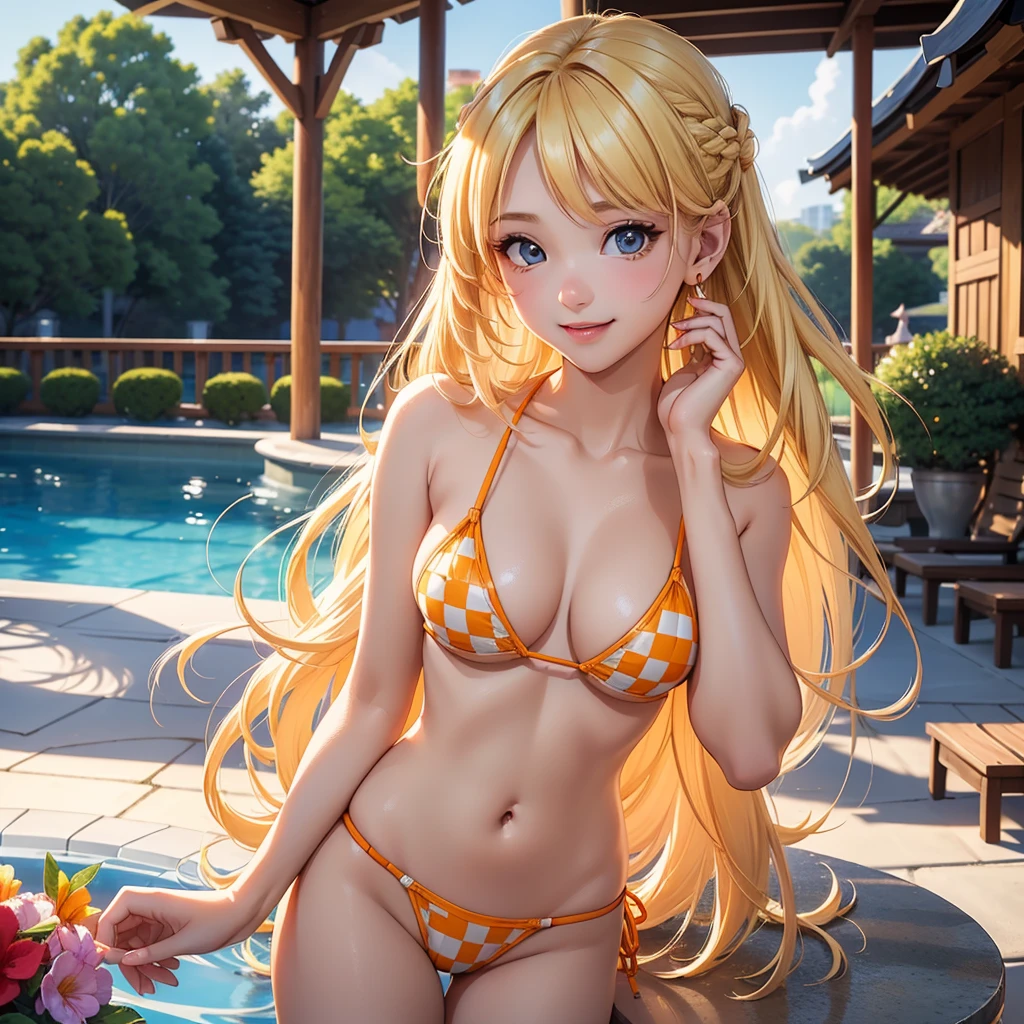girl、(((one person)))、(((solo)))、、Blonde、Long Hair、Touching your hair、(Orange checkered micro bikini:1.3、Face Enhancement:1.3, )、Detailed Hair、cowboy shot、highest quality、Super detailed、Very detailed、Detailed Background、C cup bust、smile、Resort hotels、Pool、