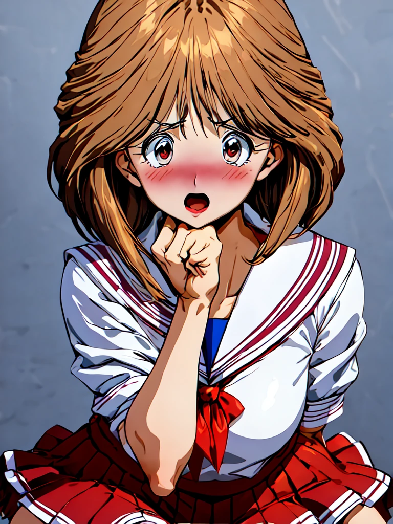 A woman, holding her face with both hands, surprised face, blushing, very short hair, looking at camera, open mouth, mini skirt, sailor suit, red ribbon, red lips