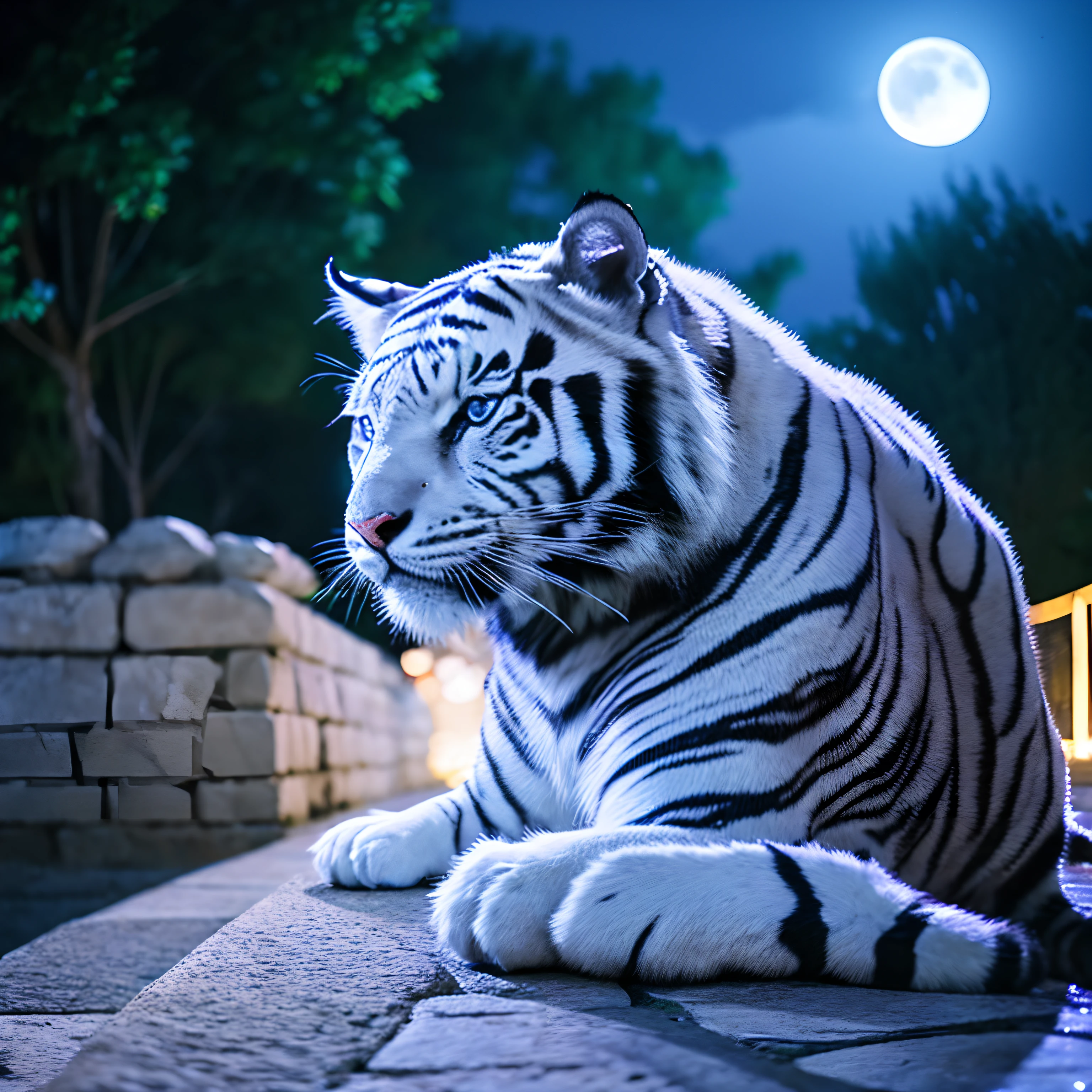 Best quality, ultra detailed, blue eyes, white tiger, moon, night, ride on stone, shot on camera