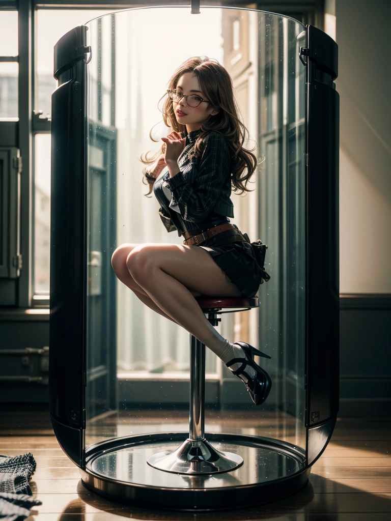 ((Detailed eyes)), mary jane shoes, full body in container, sit on desktop, white stockings, glasses, cute body in container, cute face, alice in wonderland in container, happy, brunette, realistic hands, photorealistic polaroid, mybeauties, 4k UHD, dark vibes, hyper detailed, epic composition, octane render, sharp focus, high resolution isometric, (film grain:1.3), The light is sparkling, high quality photography, 3 point lighting, flash with softbox, 4k, Canon EOS R3, HDR, smooth, sharp focus, high resolution, award winning photo, 80mm, f2.8, bokeh