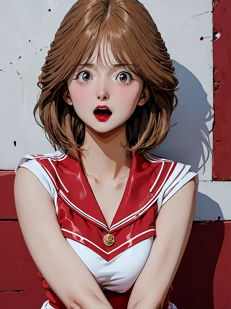 A woman, holding her face with both hands, surprised face, blushing, very short hair, looking at camera, open mouth, mini skirt, sailor suit, red ribbon, red lips