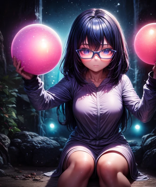 ((1girl)), anime, short dark hair, dark skin, shiny glasses lenses, mouth closed and expressionless, sitting, with her hands holding a glowing orb while two other glowing spheres orbit around her.