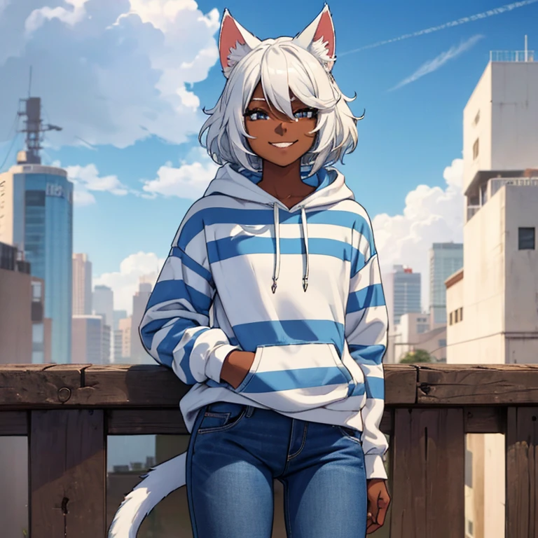 ((Femboy)), short height, dark skinned, ((long white hairs with blue stripes)), white hoodie, blue jeans, cat ears, cat tail, good weather, adorable smile