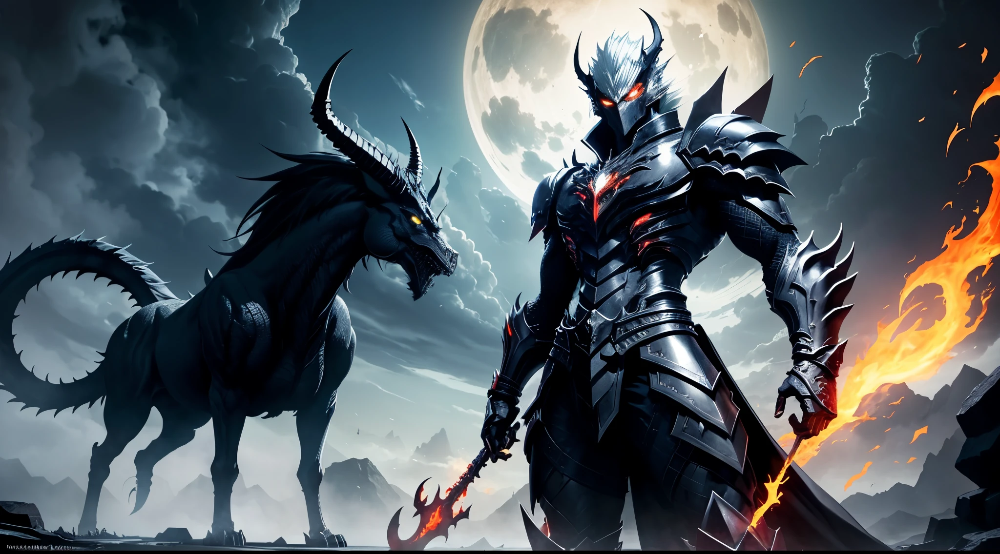 Full body shot of Garou with handsome face, alduin eyes, sharp crimson eyes, darksiders art style, armor reflecting black flames inspired by the black ancalagon demon.