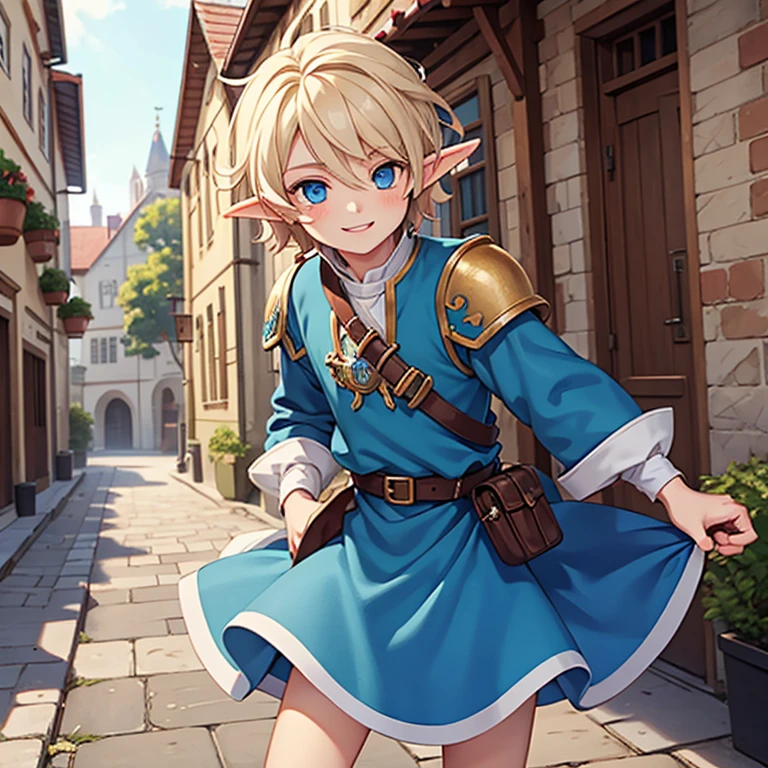 Beautiful, high quality, an elf boy around , twink body, blue eyes, cute face, messy hair, looking at the camera, smiling, wearing a medieval style clothes, stand in a middle of street