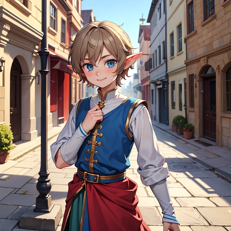 Beautiful, high quality, an elf boy around 15 years old, twink body, blue eyes, cute face, messy hair, looking at the camera, smiling, wearing a medieval style clothes, stand in a middle of street