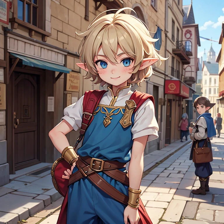Beautiful, high quality, an elf boy around 15 years old, twink body, blue eyes, cute face, messy hair, looking at the camera, smiling, wearing a medieval style clothes, stand in a middle of street