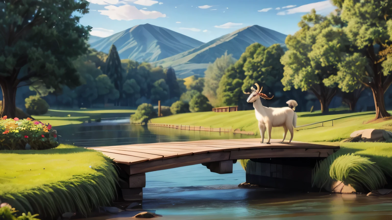 a wooden bridge [small, narrow, not a bridge] over a large river, between two green grass hills], a male white goat walks on the bridge from left to right, a male black goat walks on the bridge from right to left
,8k,high resolution:1.2,super detail,realistic:1.37,HDR,UHD,studio lighting,vivid colors,Disney style