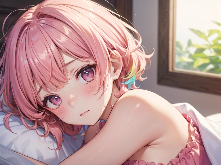 (One transcendent beautiful girl)、ultra-detailed、(8k, RAW photo, best quality, masterpiece:1.2), (extremely detailed 8k wallpaper),professional lighting,sharp focus, depth of field、(((Detailed and accurate face))),(head shot,)、fws,((Pink fluffy short bob、rainbow colored curl hair、Curly hair))、Flower Hair Ornaments、shoulder、Lightweight cardigan、Flare One Piece、Strapless、Off the shoulder、Resort hotels、bed、blush、Embarrassed、