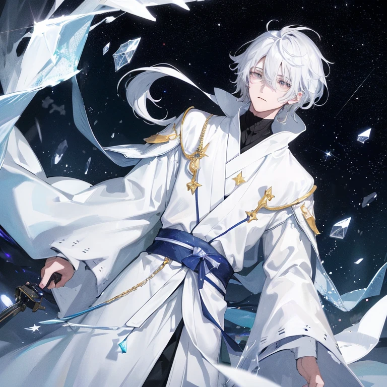 Amidst the stillness of a winter night, a solitary Japanese anime boy,A good woman, is engulfed in the radiance of the starry sky. His silvery white hair, like frozen starlight, contrasts sharply with his pitch-black outfit. Scattered around him are shards of white glass, evidence of a past transformation through the process of crystallization.
In the distance, the night sky is a stunning masterpiece where stars twinkle like diamonds, and the silence is broken only by the occasional appearance of a shooting star crossing the firmament. Each star is rendered with the highest quality, creating an almost surreal, breathtaking scene.
The boy