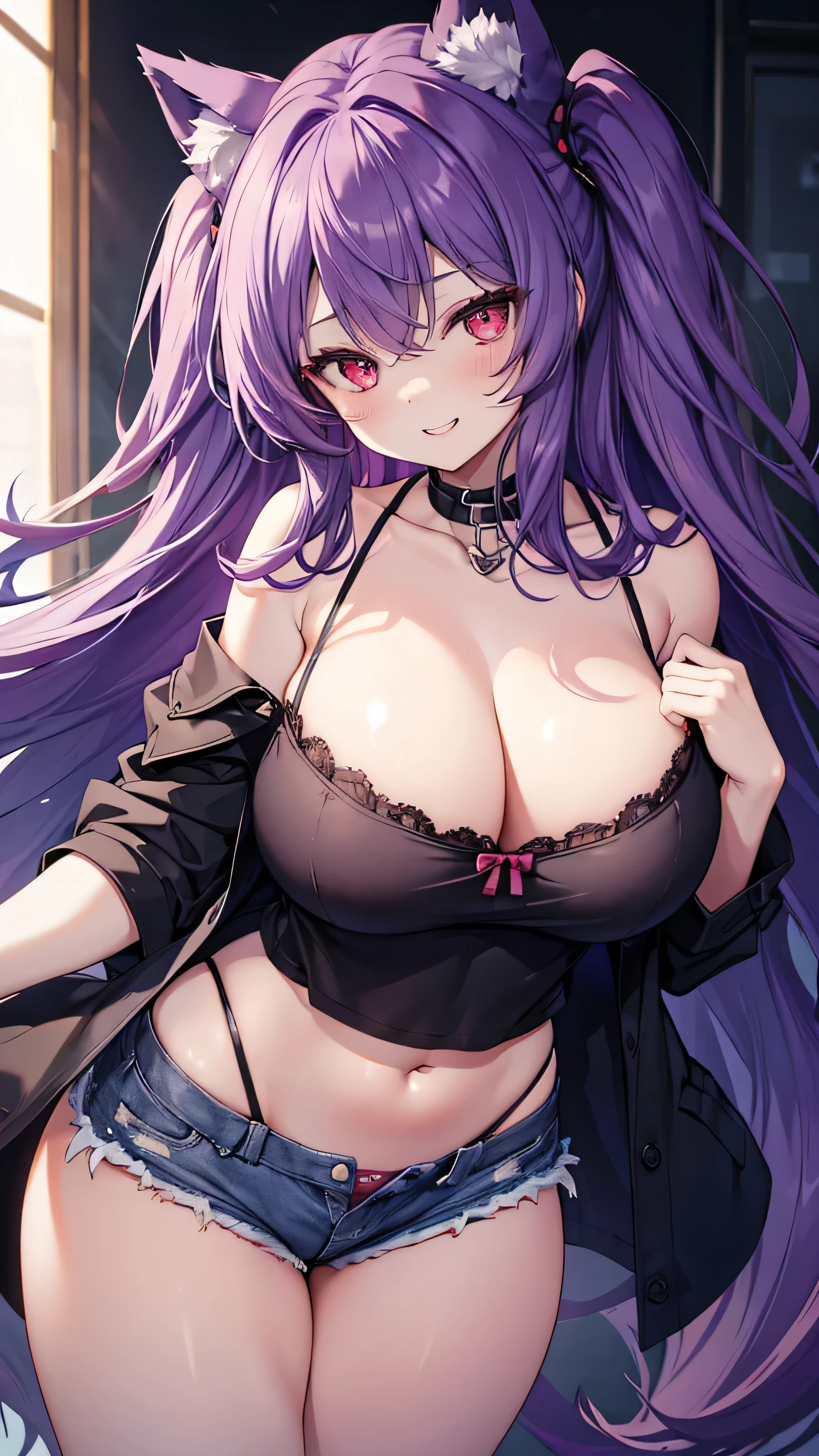 Wolf Girl, Large Breasts, Voluminous purple hair, masterpiece , Red eyes, hd, Thick thighs, Head to Chest, buried in my chest、Underboob、Double teeth、tooth、camisole、Chubby、Grinning、Shorts、