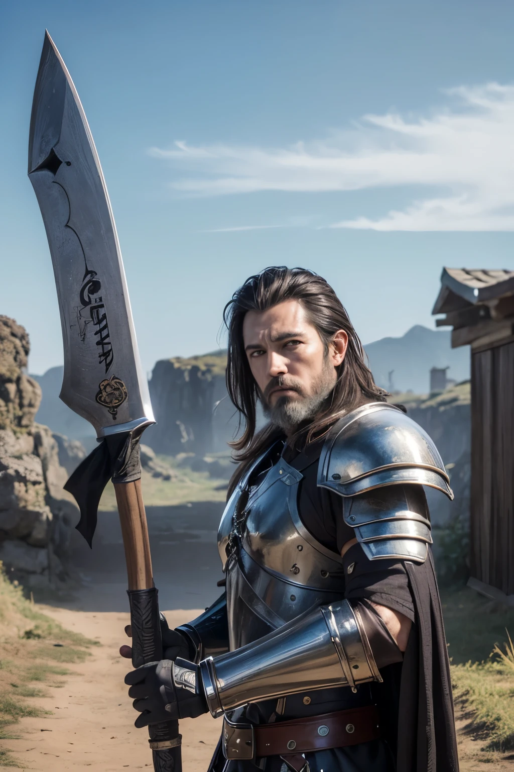fantasy, from side, cowboy shot, 1 dandy middle age man, (holding gigantic axe:1.3), battoujutsu stance, weapon, black hair, short hair, short beard, dirty skin, western armor, metallic armor,armor made silver materials, armor like a shiny silver,gauntlet, viking's helmet, furrowed brow, midnight sky, brown sky, dark, shadow, outdoor, town, wind, masterpiece, high quality, best quality, beautiful, hd, perfect lighting, detailed face, masterpiece, best quality, intricate details, 8k uhd, perfect face, perfect eyes