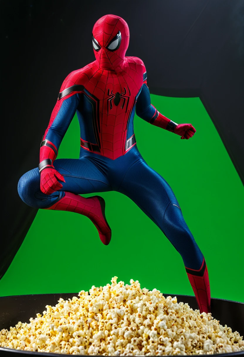 (best quality,4k,8k,highres,masterpiece:1.2),ultra-detailed,(realistic,photorealistic,photo-realistic:1.37),Spider-Man,studio,green screen,vibrant lighting,popcorn bucket